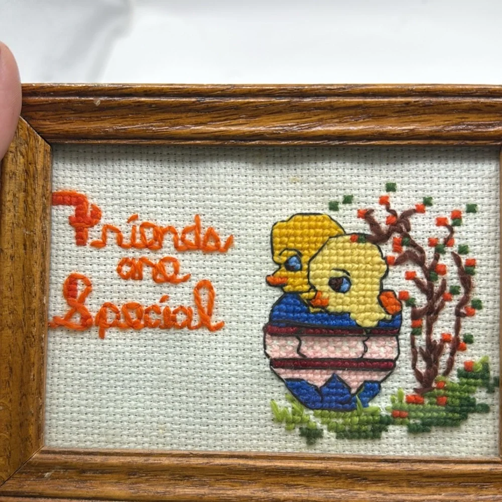 Vintages Framed Cross Stitch Needlepoint Friends Are Special Chicks Ducks Egg